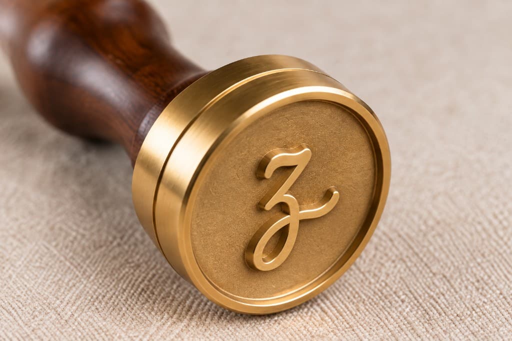 Brass stamper with an embossed lowercase cursive z and walnut handle